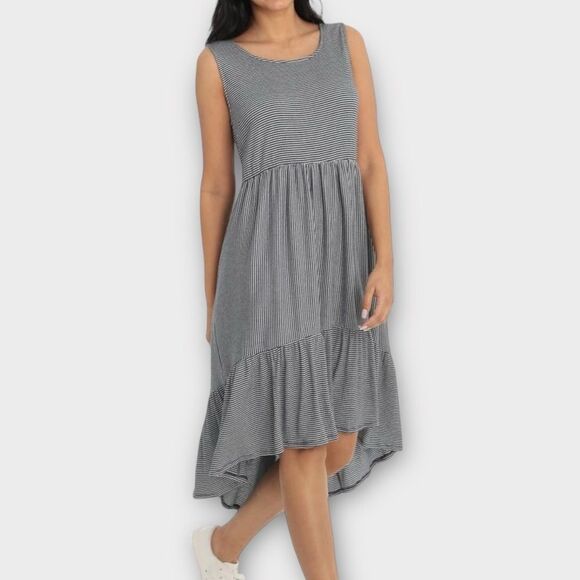 London Times NWT STRIPE TRAPEZE TIERED MIDI DRESS IN WHITE/NAVY US Size 6 - Picture 1 of 8